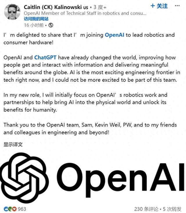 OpenAI变“硬”了！招揽Meta AR眼镜负责人领导机器人业务-第1张图片-比分网