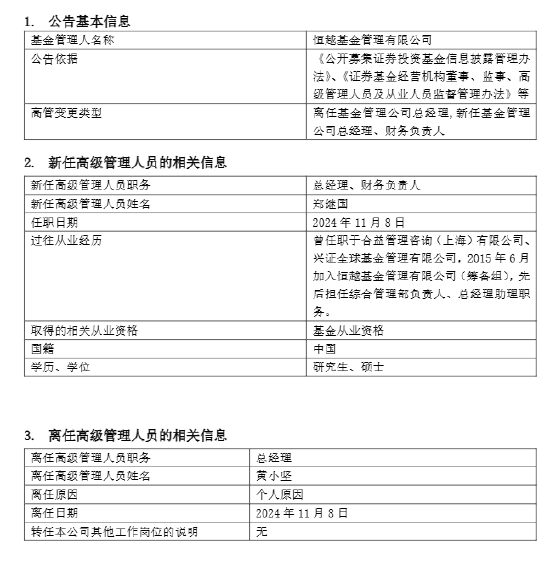 恒越基金高管变更：黄小坚结束4年4个月任期 郑继国升任总经理兼财务负责人-第1张图片-比分网